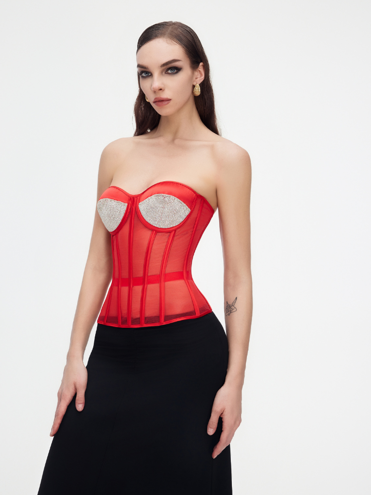 Fashion Ave Red Rhinestone Corset Top